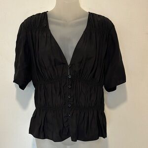 Frame Black Silk Button Up Top with Ruching short Sleeve Size Large EUC
